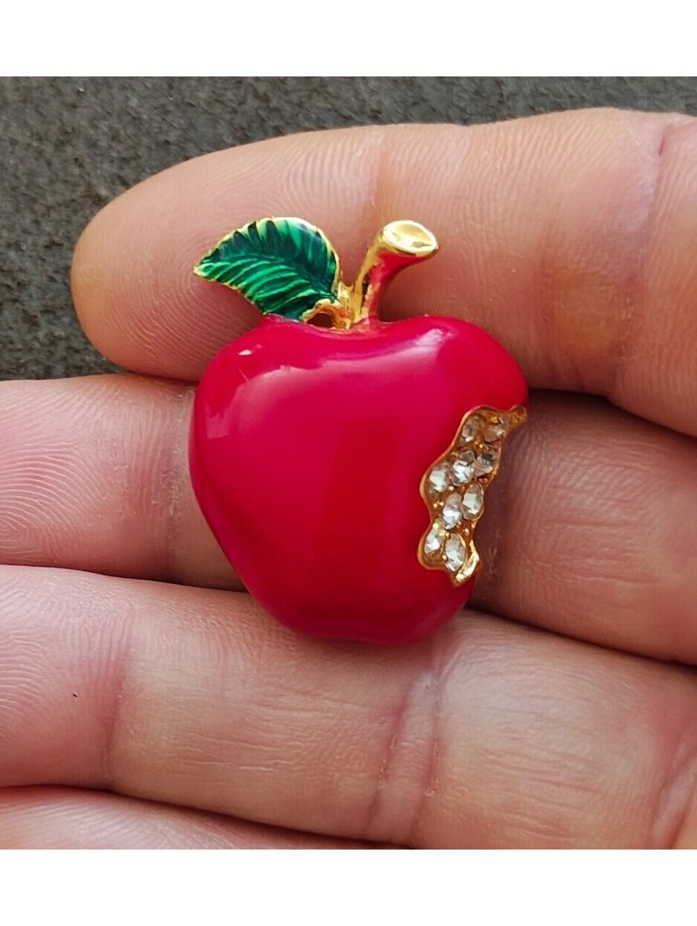 1990s Gold Tone Red & Green Enamel & Rhinestone Bitten Apple Brooch Pin